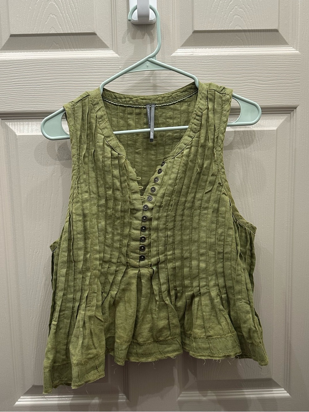 Anthropologie Olive Green Pintuck Peplum Sleeveless Blouse